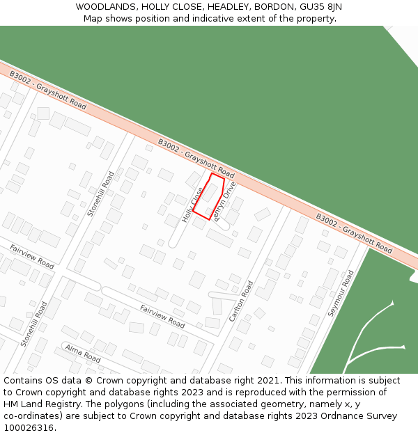 WOODLANDS, HOLLY CLOSE, HEADLEY, BORDON, GU35 8JN: Location map and indicative extent of plot