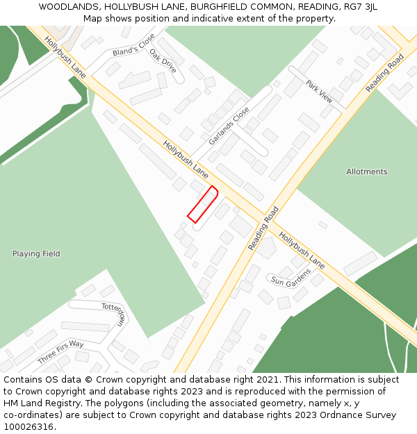 WOODLANDS, HOLLYBUSH LANE, BURGHFIELD COMMON, READING, RG7 3JL: Location map and indicative extent of plot
