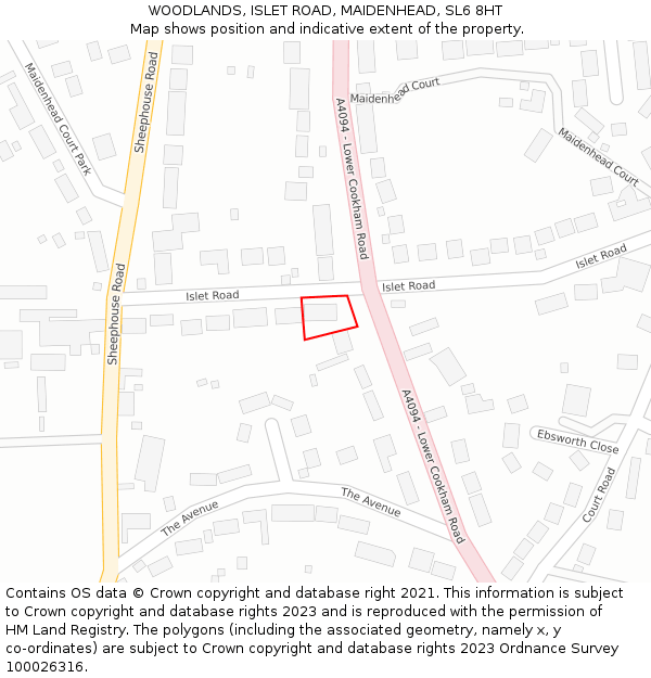 WOODLANDS, ISLET ROAD, MAIDENHEAD, SL6 8HT: Location map and indicative extent of plot