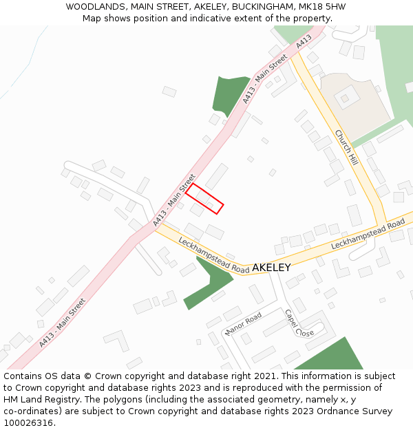 WOODLANDS, MAIN STREET, AKELEY, BUCKINGHAM, MK18 5HW: Location map and indicative extent of plot