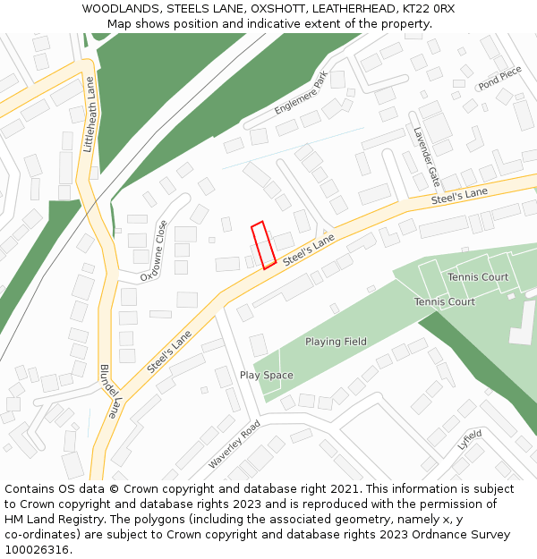 WOODLANDS, STEELS LANE, OXSHOTT, LEATHERHEAD, KT22 0RX: Location map and indicative extent of plot