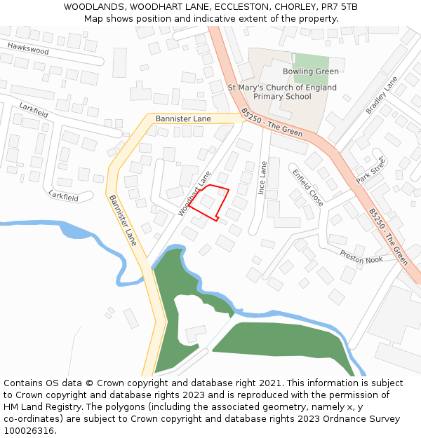 WOODLANDS, WOODHART LANE, ECCLESTON, CHORLEY, PR7 5TB: Location map and indicative extent of plot