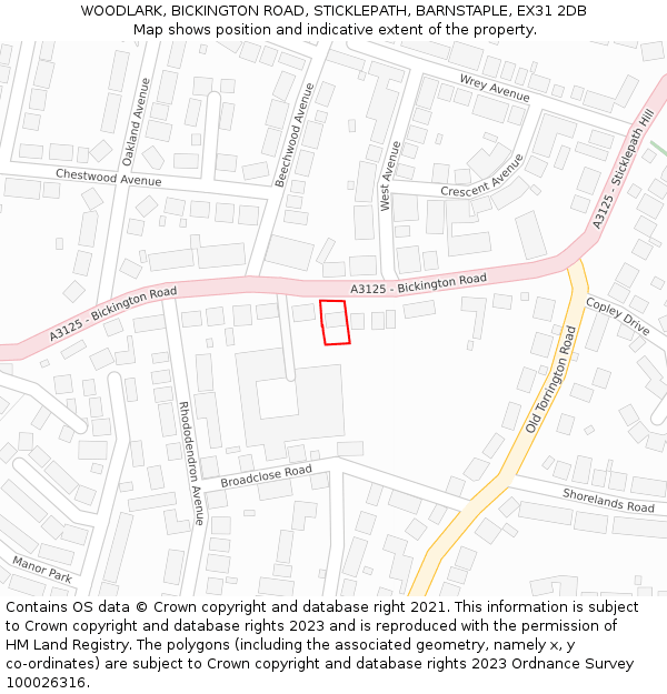 WOODLARK, BICKINGTON ROAD, STICKLEPATH, BARNSTAPLE, EX31 2DB: Location map and indicative extent of plot