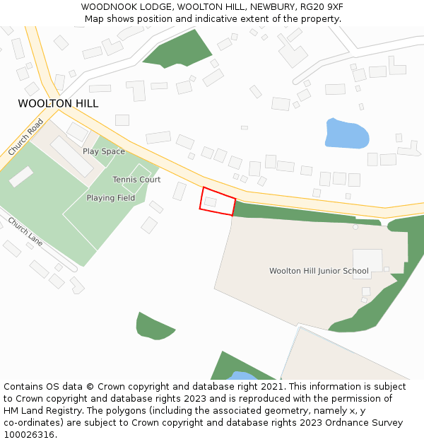 WOODNOOK LODGE, WOOLTON HILL, NEWBURY, RG20 9XF: Location map and indicative extent of plot