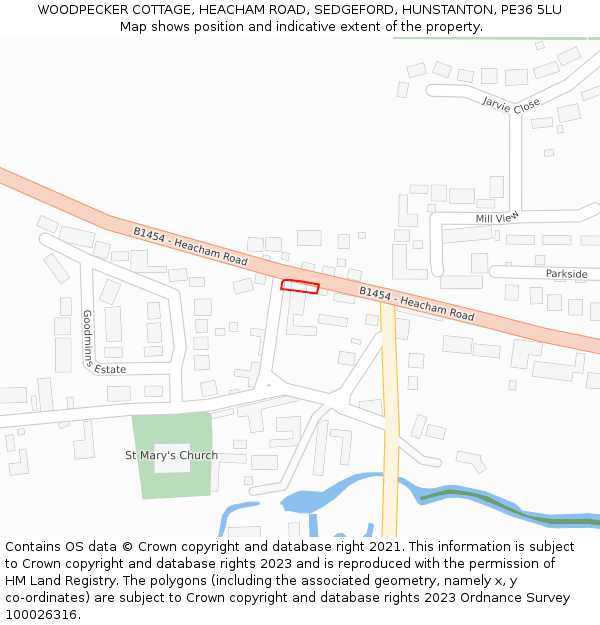 WOODPECKER COTTAGE, HEACHAM ROAD, SEDGEFORD, HUNSTANTON, PE36 5LU: Location map and indicative extent of plot
