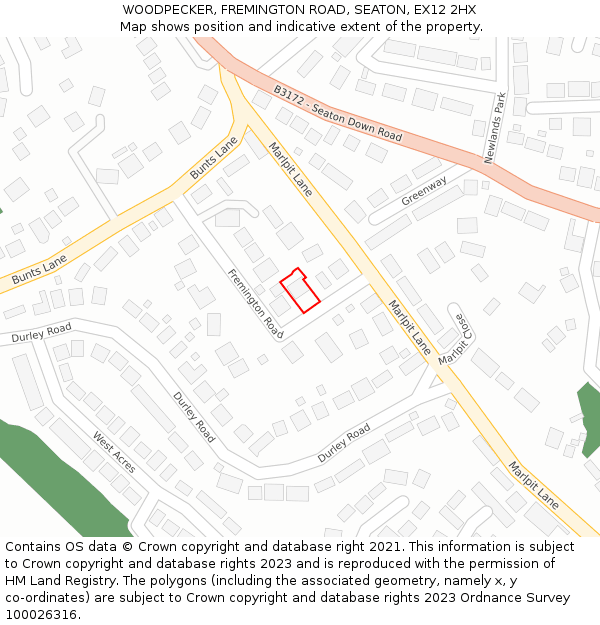 WOODPECKER, FREMINGTON ROAD, SEATON, EX12 2HX: Location map and indicative extent of plot