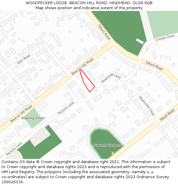 WOODPECKER LODGE, BEACON HILL ROAD, HINDHEAD, GU26 6QB: Location map and indicative extent of plot