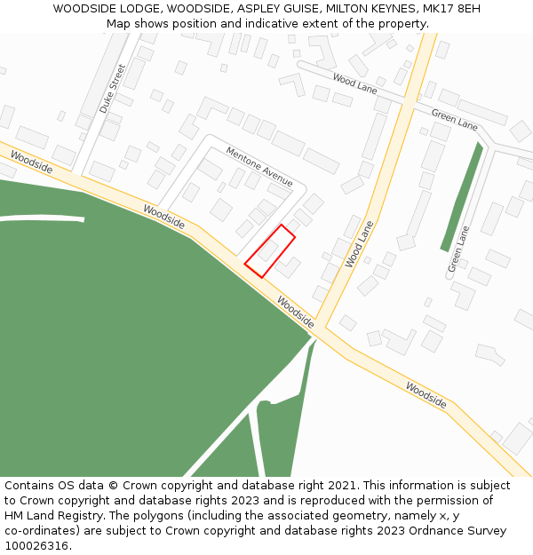 WOODSIDE LODGE, WOODSIDE, ASPLEY GUISE, MILTON KEYNES, MK17 8EH: Location map and indicative extent of plot