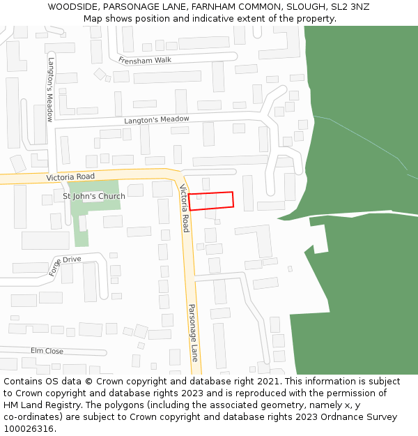 WOODSIDE, PARSONAGE LANE, FARNHAM COMMON, SLOUGH, SL2 3NZ: Location map and indicative extent of plot