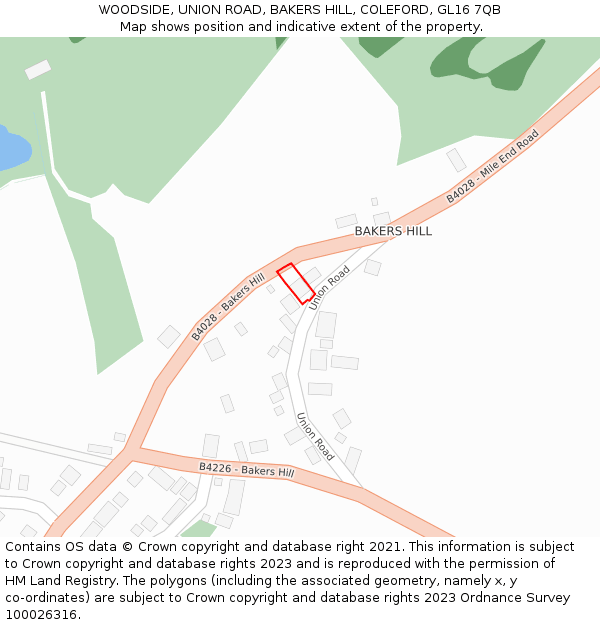 WOODSIDE, UNION ROAD, BAKERS HILL, COLEFORD, GL16 7QB: Location map and indicative extent of plot