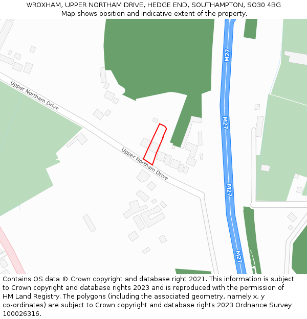 WROXHAM, UPPER NORTHAM DRIVE, HEDGE END, SOUTHAMPTON, SO30 4BG: Location map and indicative extent of plot