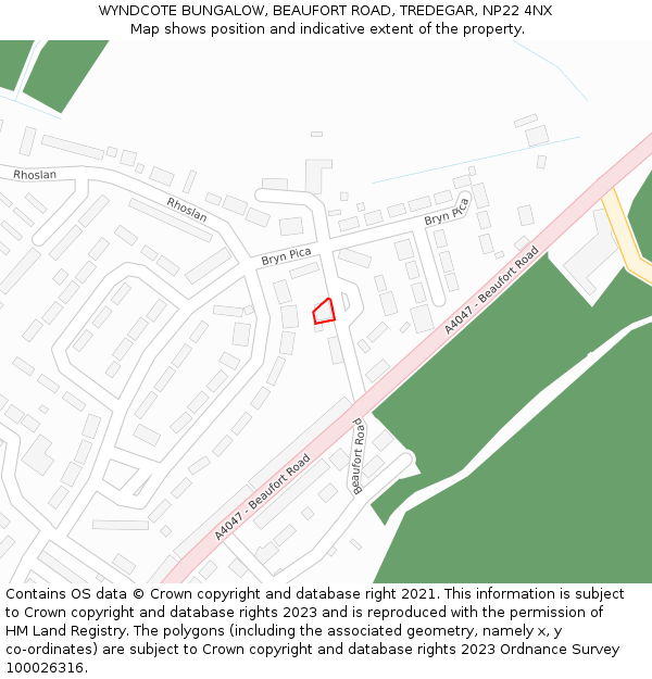 WYNDCOTE BUNGALOW, BEAUFORT ROAD, TREDEGAR, NP22 4NX: Location map and indicative extent of plot