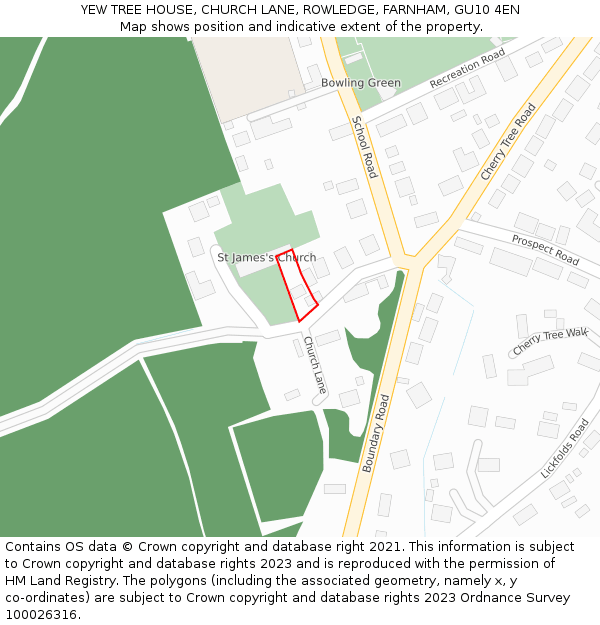 YEW TREE HOUSE, CHURCH LANE, ROWLEDGE, FARNHAM, GU10 4EN: Location map and indicative extent of plot