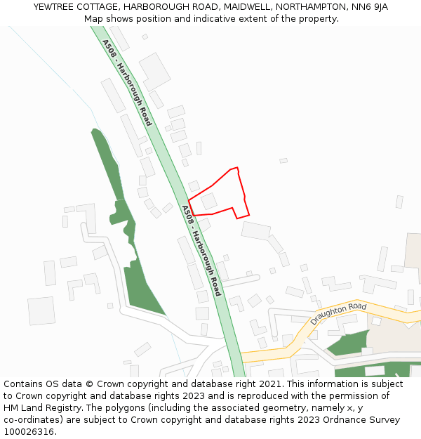 YEWTREE COTTAGE, HARBOROUGH ROAD, MAIDWELL, NORTHAMPTON, NN6 9JA: Location map and indicative extent of plot