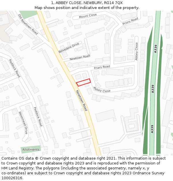 1, ABBEY CLOSE, NEWBURY, RG14 7QX: Location map and indicative extent of plot