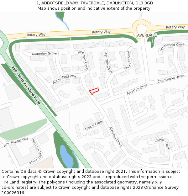 1, ABBOTSFIELD WAY, FAVERDALE, DARLINGTON, DL3 0GB: Location map and indicative extent of plot