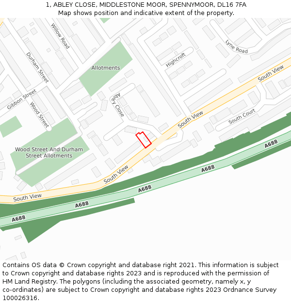 1, ABLEY CLOSE, MIDDLESTONE MOOR, SPENNYMOOR, DL16 7FA: Location map and indicative extent of plot