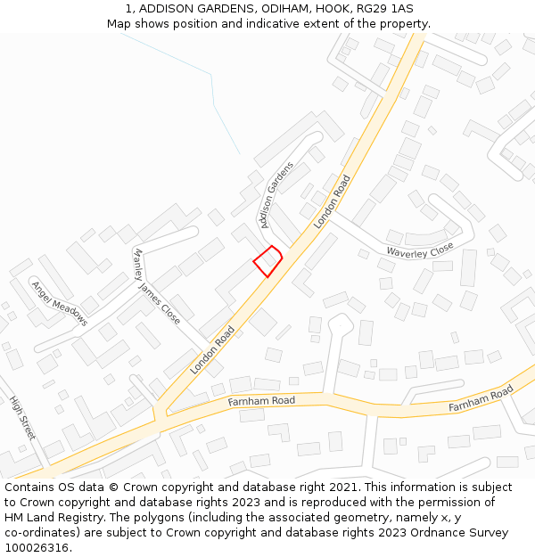 1, ADDISON GARDENS, ODIHAM, HOOK, RG29 1AS: Location map and indicative extent of plot