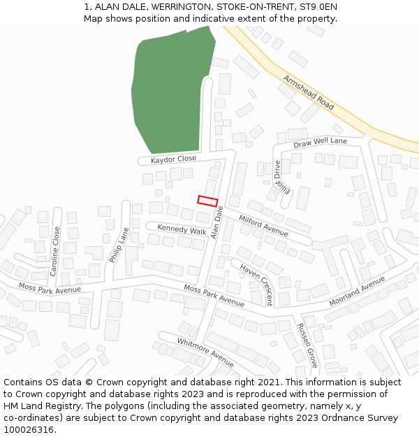 1, ALAN DALE, WERRINGTON, STOKE-ON-TRENT, ST9 0EN: Location map and indicative extent of plot
