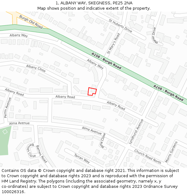1, ALBANY WAY, SKEGNESS, PE25 2NA: Location map and indicative extent of plot