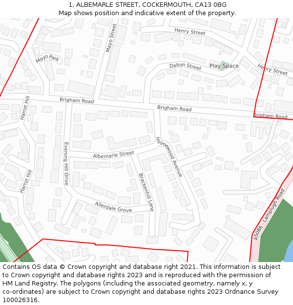 1, ALBEMARLE STREET, COCKERMOUTH, CA13 0BG: Location map and indicative extent of plot