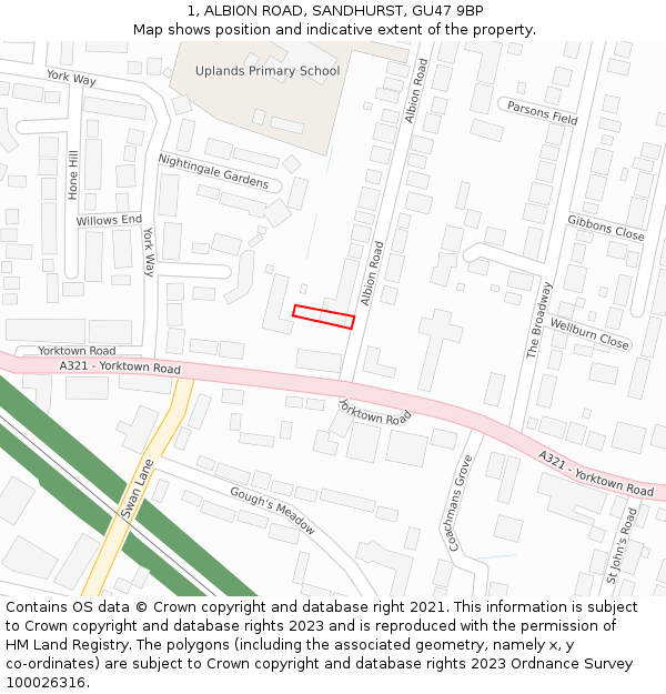 1, ALBION ROAD, SANDHURST, GU47 9BP: Location map and indicative extent of plot