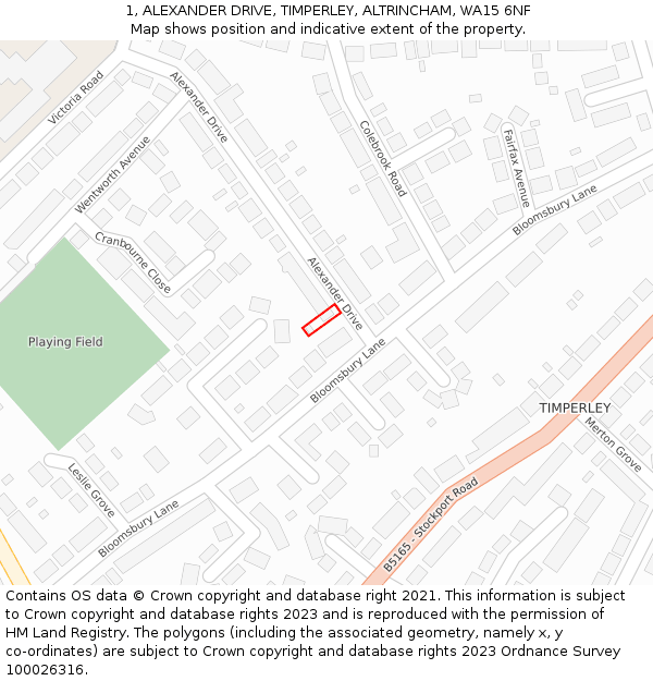 1, ALEXANDER DRIVE, TIMPERLEY, ALTRINCHAM, WA15 6NF: Location map and indicative extent of plot