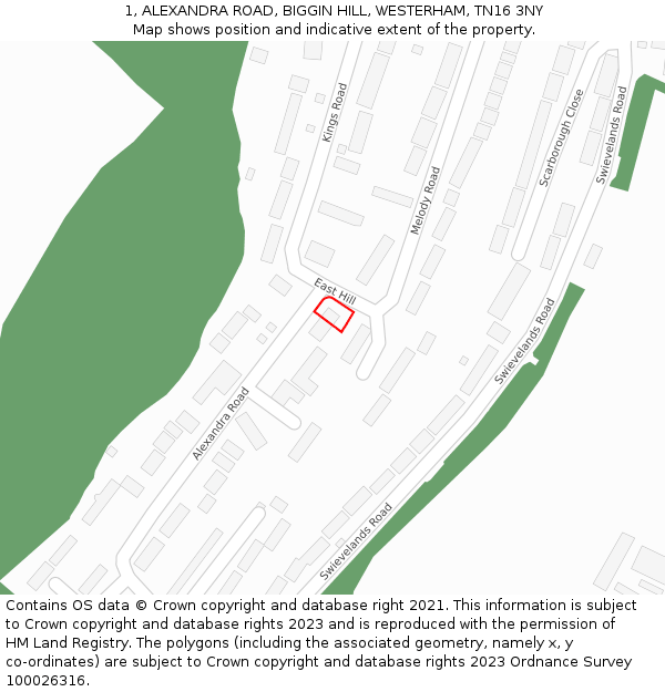 1, ALEXANDRA ROAD, BIGGIN HILL, WESTERHAM, TN16 3NY: Location map and indicative extent of plot