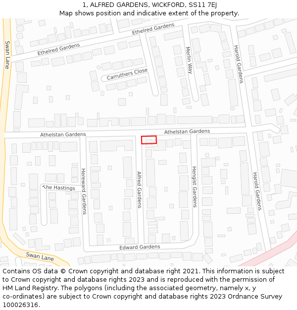 1, ALFRED GARDENS, WICKFORD, SS11 7EJ: Location map and indicative extent of plot