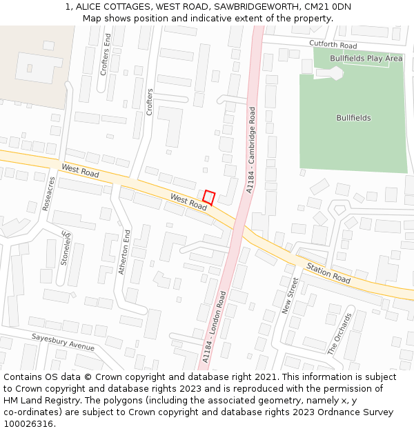 1, ALICE COTTAGES, WEST ROAD, SAWBRIDGEWORTH, CM21 0DN: Location map and indicative extent of plot