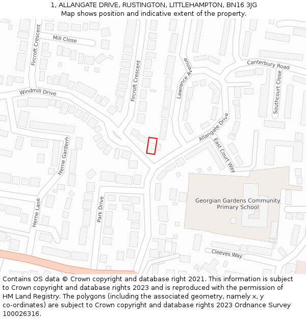 1, ALLANGATE DRIVE, RUSTINGTON, LITTLEHAMPTON, BN16 3JG: Location map and indicative extent of plot
