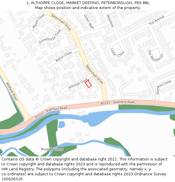 1, ALTHORPE CLOSE, MARKET DEEPING, PETERBOROUGH, PE6 8BL: Location map and indicative extent of plot