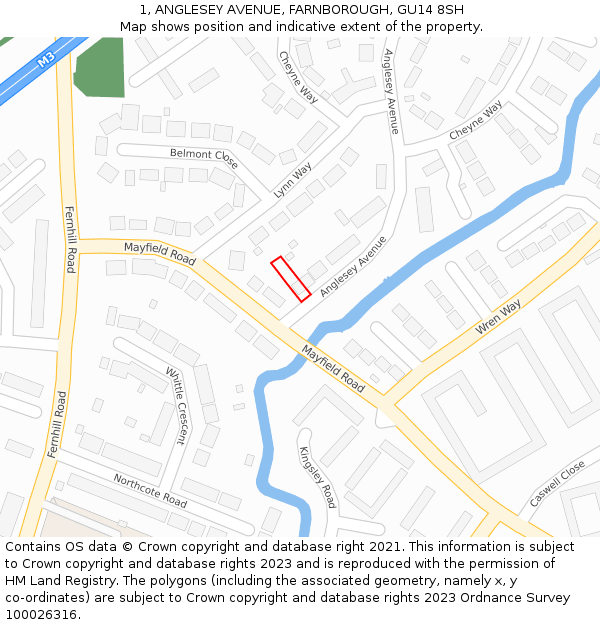 1, ANGLESEY AVENUE, FARNBOROUGH, GU14 8SH: Location map and indicative extent of plot