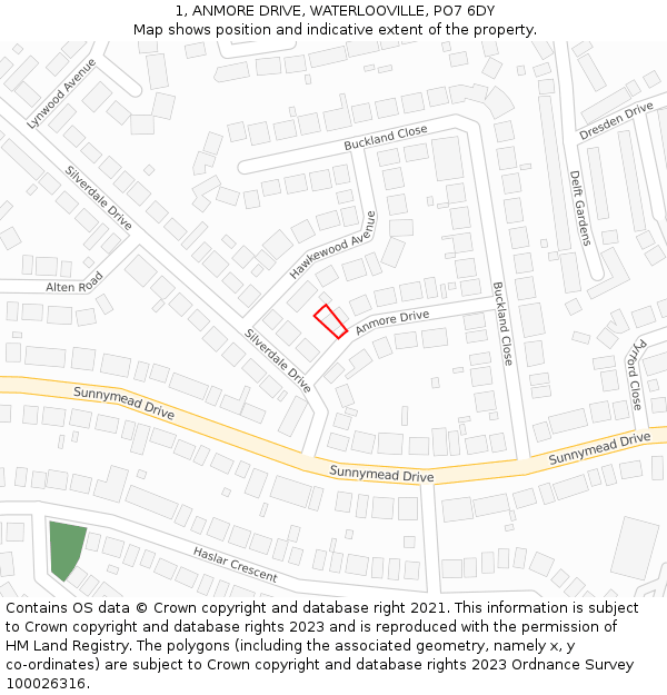 1, ANMORE DRIVE, WATERLOOVILLE, PO7 6DY: Location map and indicative extent of plot