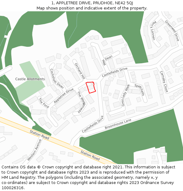 1, APPLETREE DRIVE, PRUDHOE, NE42 5QJ: Location map and indicative extent of plot