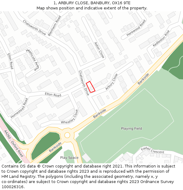 1, ARBURY CLOSE, BANBURY, OX16 9TE: Location map and indicative extent of plot