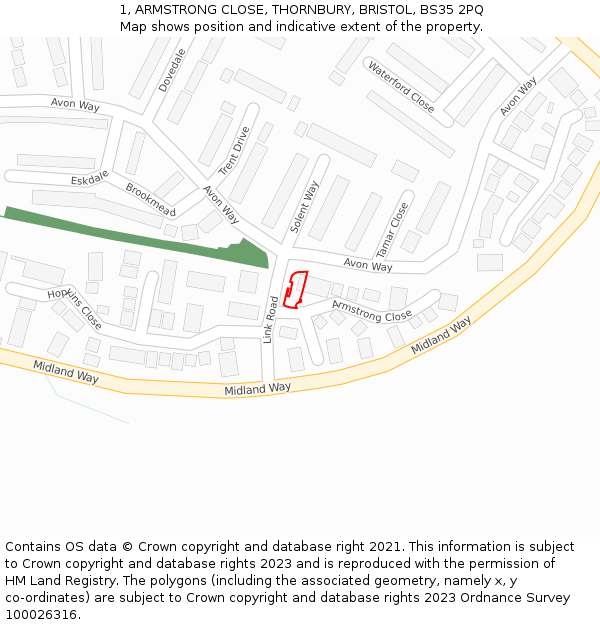 1, ARMSTRONG CLOSE, THORNBURY, BRISTOL, BS35 2PQ: Location map and indicative extent of plot