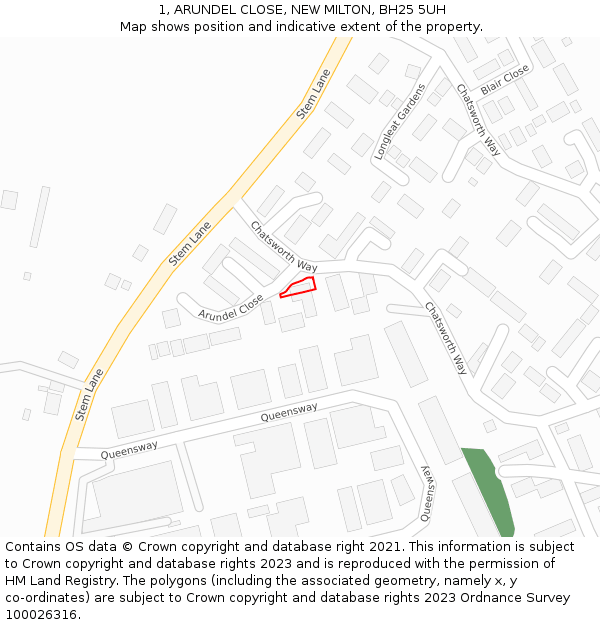 1, ARUNDEL CLOSE, NEW MILTON, BH25 5UH: Location map and indicative extent of plot