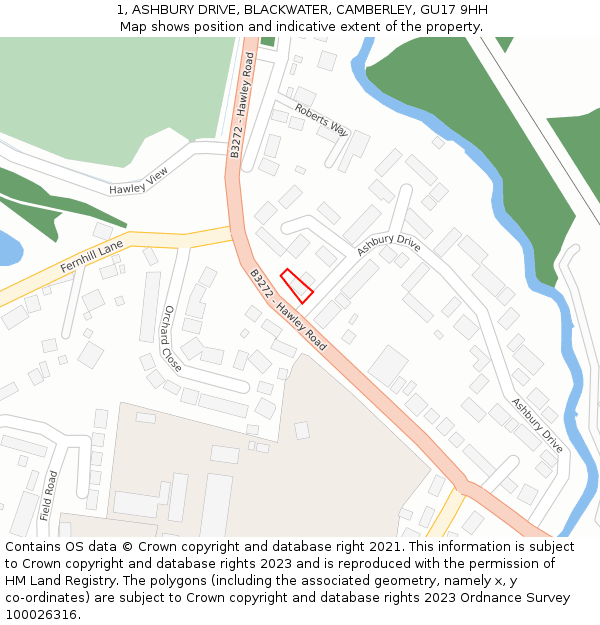 1, ASHBURY DRIVE, BLACKWATER, CAMBERLEY, GU17 9HH: Location map and indicative extent of plot