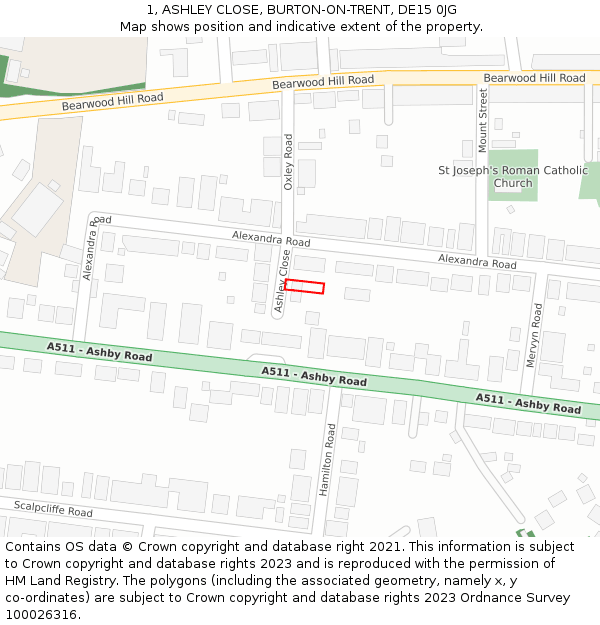 1, ASHLEY CLOSE, BURTON-ON-TRENT, DE15 0JG: Location map and indicative extent of plot