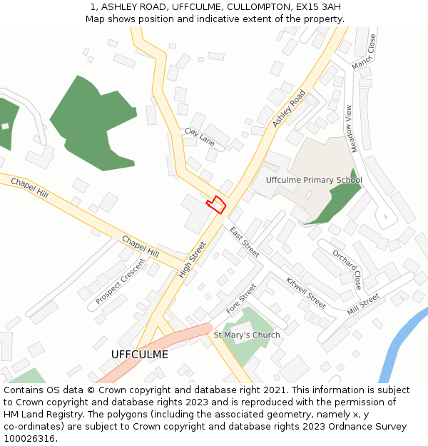1, ASHLEY ROAD, UFFCULME, CULLOMPTON, EX15 3AH: Location map and indicative extent of plot