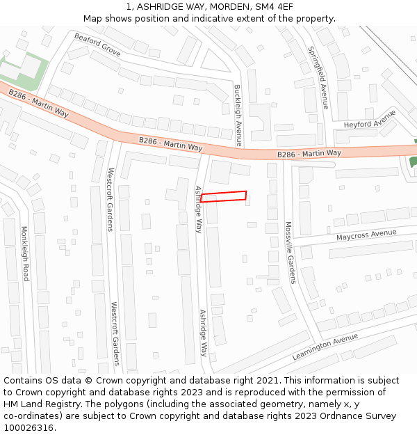1, ASHRIDGE WAY, MORDEN, SM4 4EF: Location map and indicative extent of plot