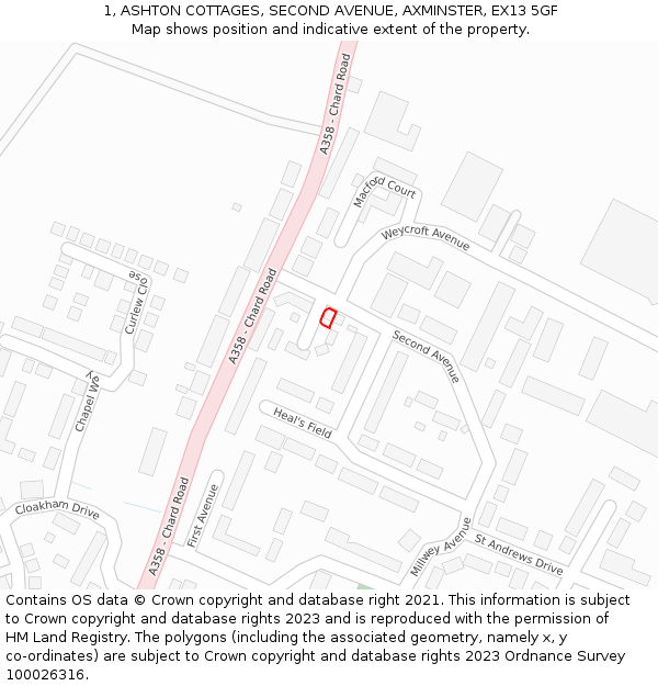 1, ASHTON COTTAGES, SECOND AVENUE, AXMINSTER, EX13 5GF: Location map and indicative extent of plot