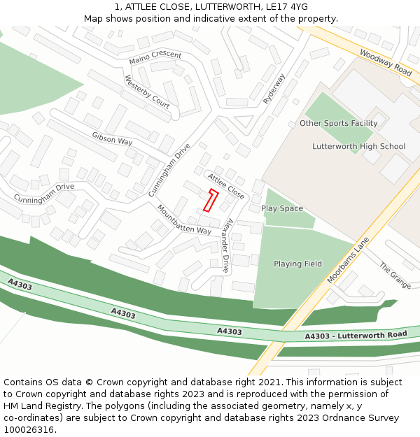1, ATTLEE CLOSE, LUTTERWORTH, LE17 4YG: Location map and indicative extent of plot