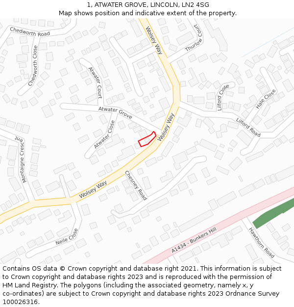 1, ATWATER GROVE, LINCOLN, LN2 4SG: Location map and indicative extent of plot