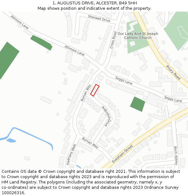 1, AUGUSTUS DRIVE, ALCESTER, B49 5HH: Location map and indicative extent of plot
