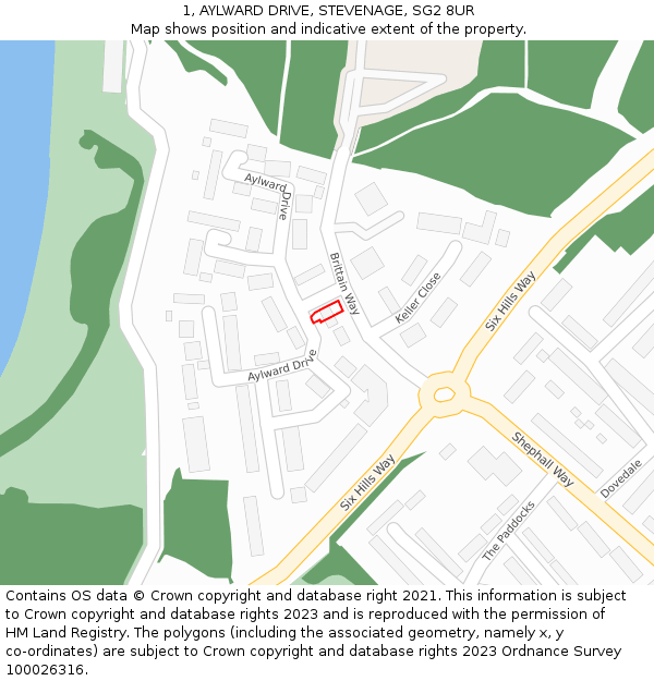 1, AYLWARD DRIVE, STEVENAGE, SG2 8UR: Location map and indicative extent of plot