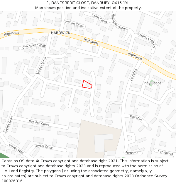 1, BANESBERIE CLOSE, BANBURY, OX16 1YH: Location map and indicative extent of plot