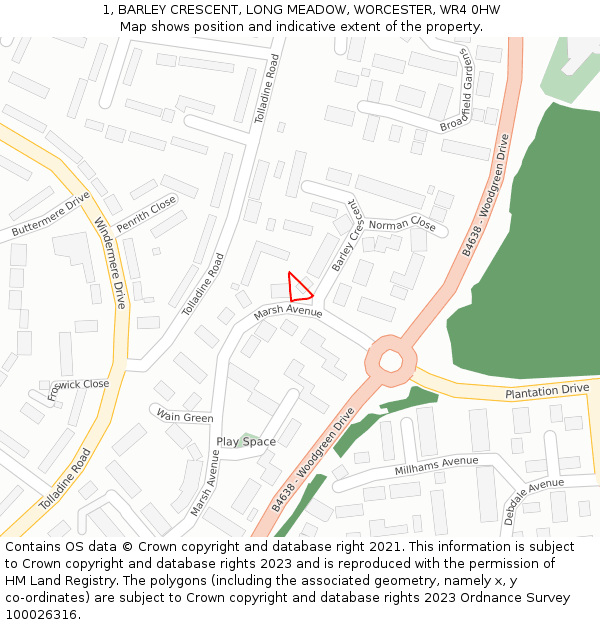 1, BARLEY CRESCENT, LONG MEADOW, WORCESTER, WR4 0HW: Location map and indicative extent of plot