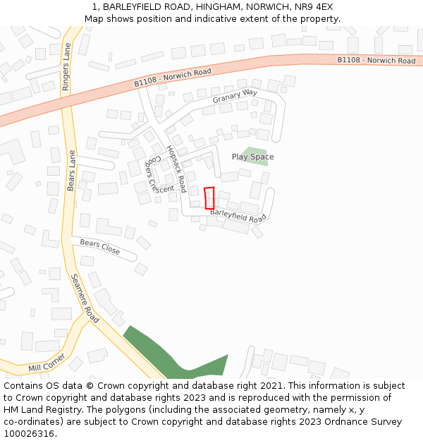 1, BARLEYFIELD ROAD, HINGHAM, NORWICH, NR9 4EX: Location map and indicative extent of plot